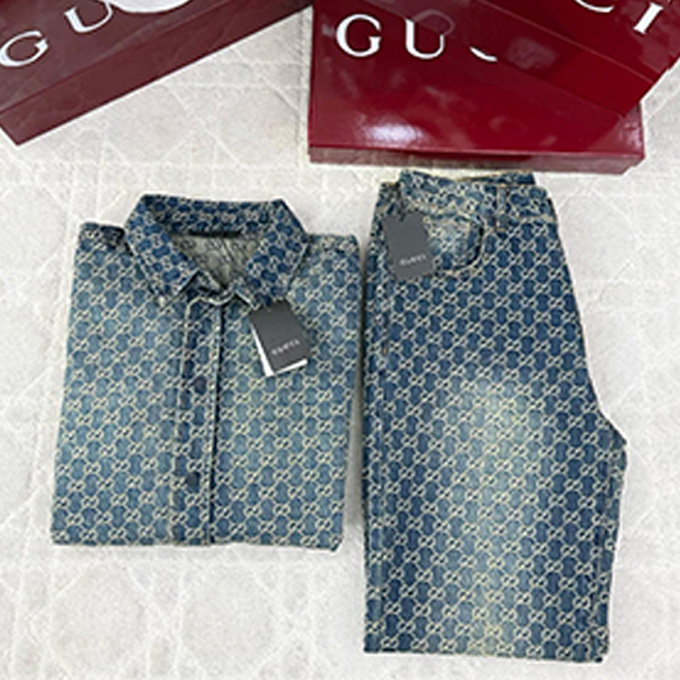 gucci gg allover printed washed jacquard denim shirt & pants